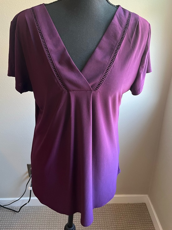 PerSeption Concept Tops - Plum V-Neck Short Sleeve Blouse Workwear Office Chic